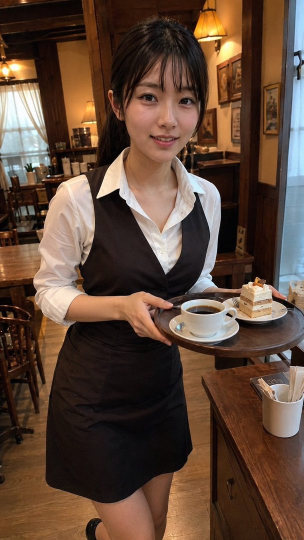 A young woman with black hair and bangs, wearing a white shirt and black vest, holds a tray with coffee and cake in a cafe.