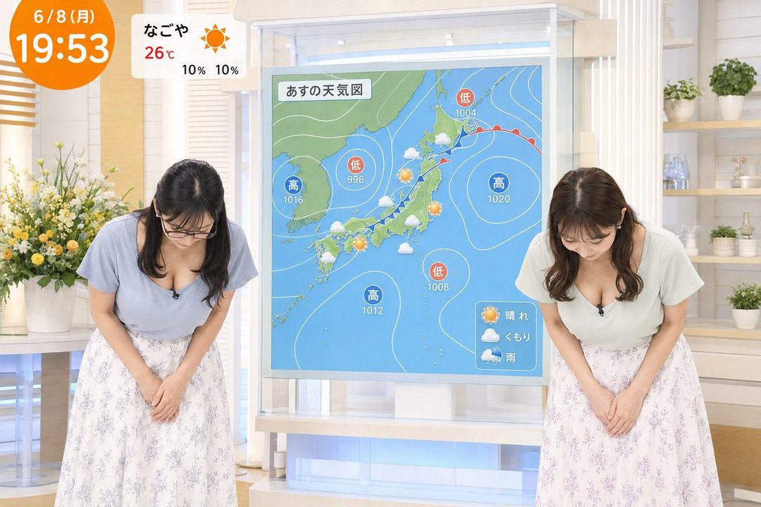 Two women in casual attire bow in front of a weather map display in a studio setting.