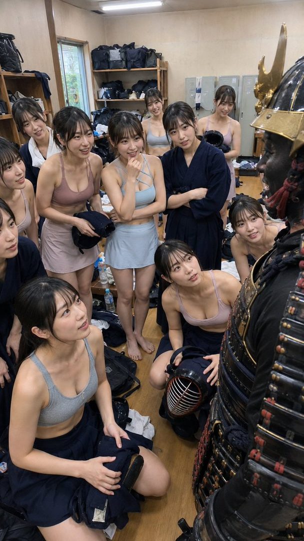 A group of young women in sports bras and skirts gather around a person in samurai armor in an indoor setting.