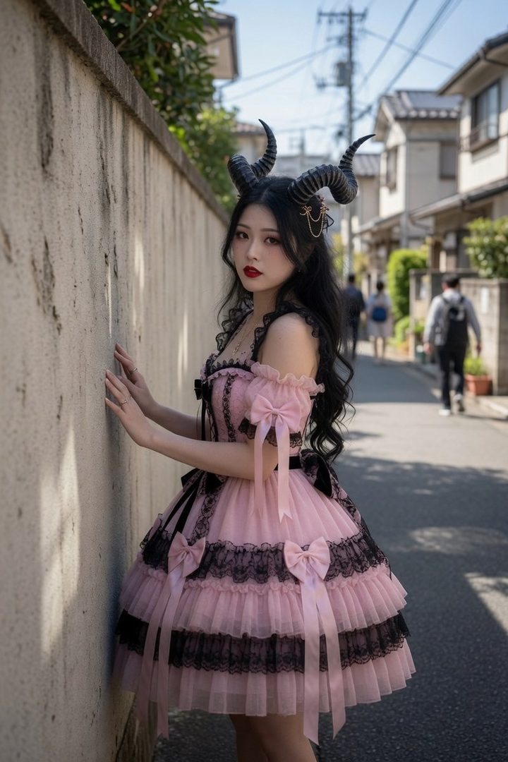 A woman in a pink and black lolita dress with horns poses against a wall in an urban alleyway.