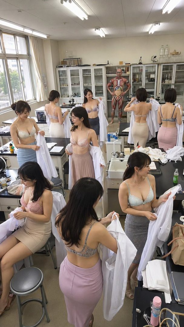 Several women in bras and skirts are in a science classroom, some holding white lab coats, with an anatomical model in the background.