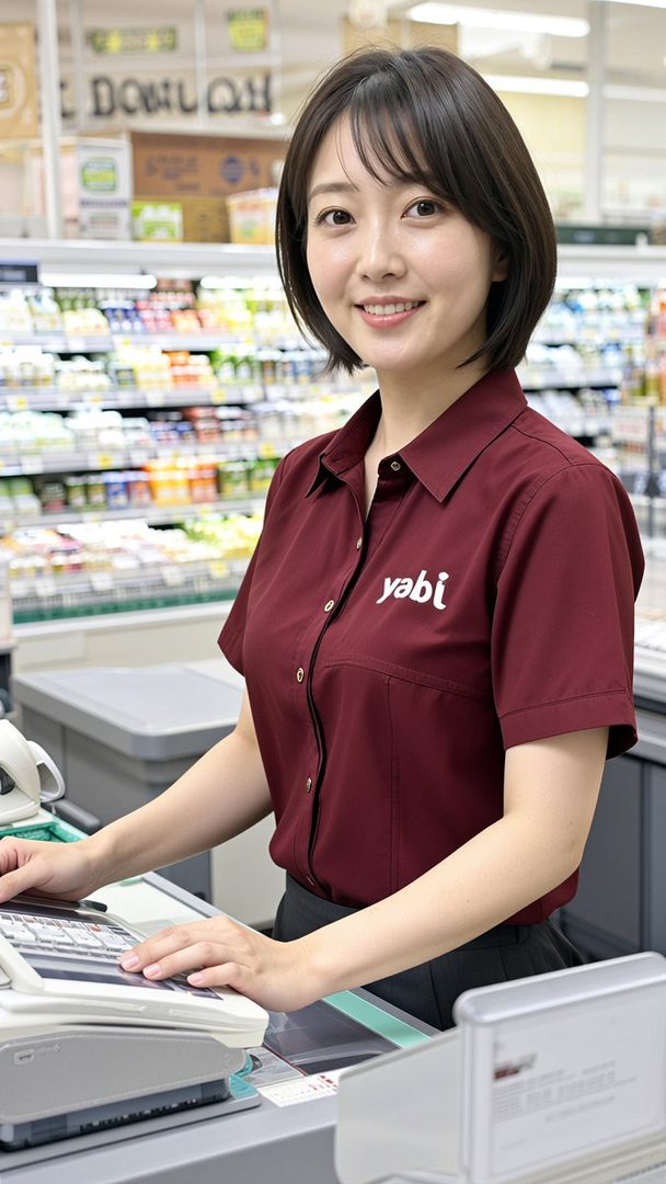 A smiling woman with short black hair in a maroon uniform shirt stands at a supermarket checkout counter.