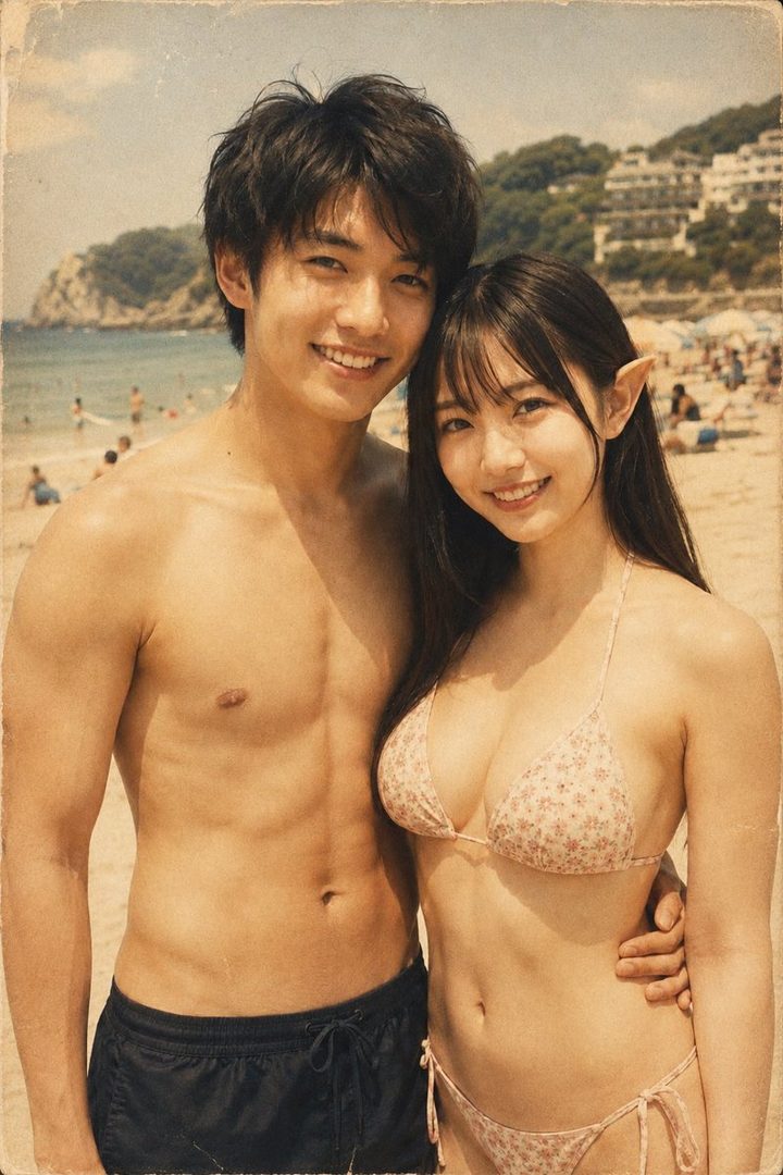 A smiling couple, a man and a woman with elf ears, pose in swimwear on a sunny beach.