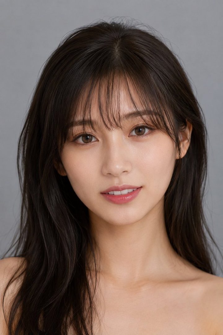 A photorealistic portrait of a young woman with long dark hair and bangs, looking directly at the camera with a slight smile.