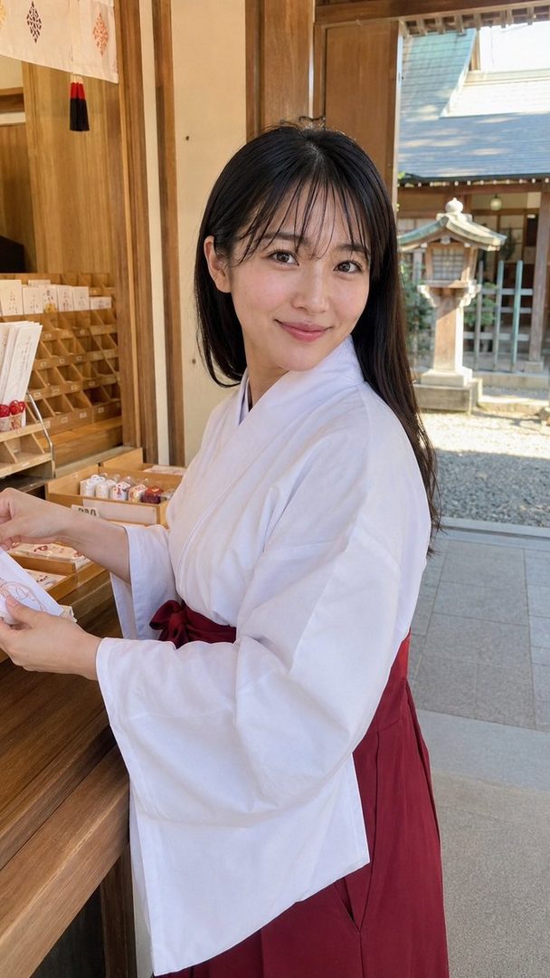 A young woman with long black hair and bangs, dressed in a white and red miko outfit, smiles gently while standing outdoors at a Japanese shrine.