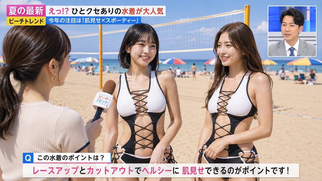 Two women in black and white lace-up swimsuits are being interviewed on a sunny beach, with a volleyball net in the background.