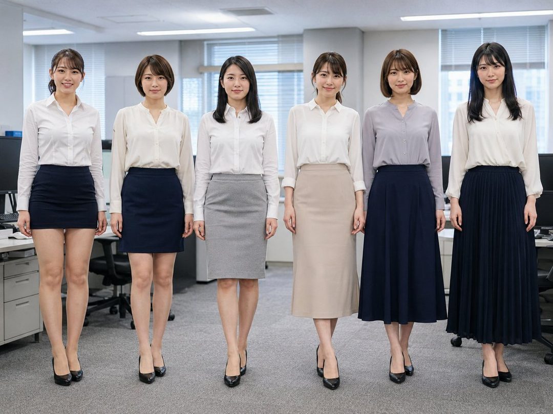 Six women in office attire, each wearing a white or light-colored blouse and a different length or style of skirt, stand in an office setting.