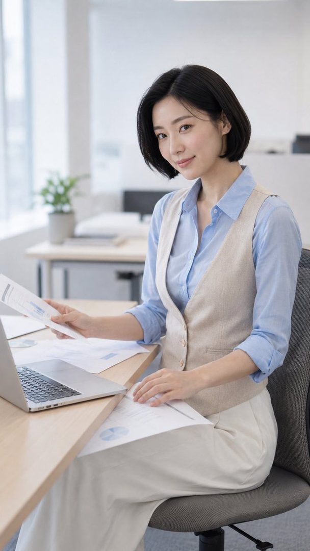 A professional woman with short black hair is sitting at an office desk with a laptop and papers, looking at the camera.
