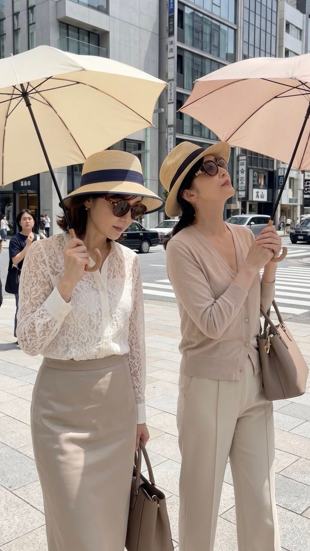 Two women in hats and sunglasses walk down a city street holding parasols on a sunny day.