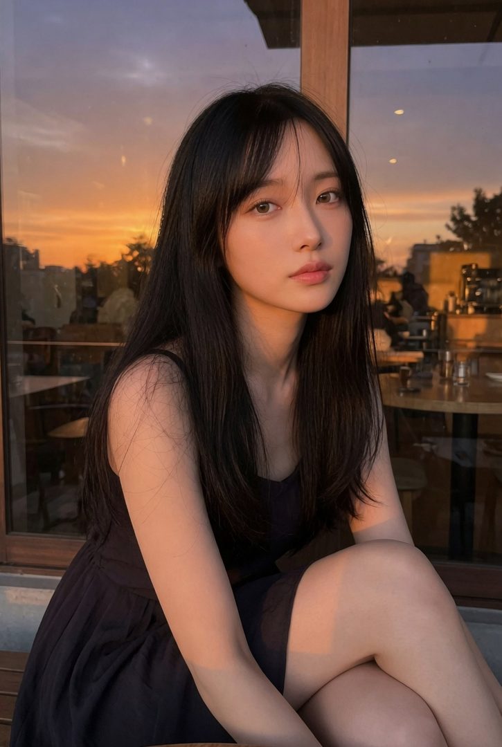 A young woman with long black hair and bangs sits in a cafe during sunset, wearing a black dress.
