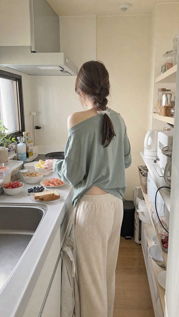 A woman with a braid in a casual outfit is preparing breakfast in a bright kitchen.