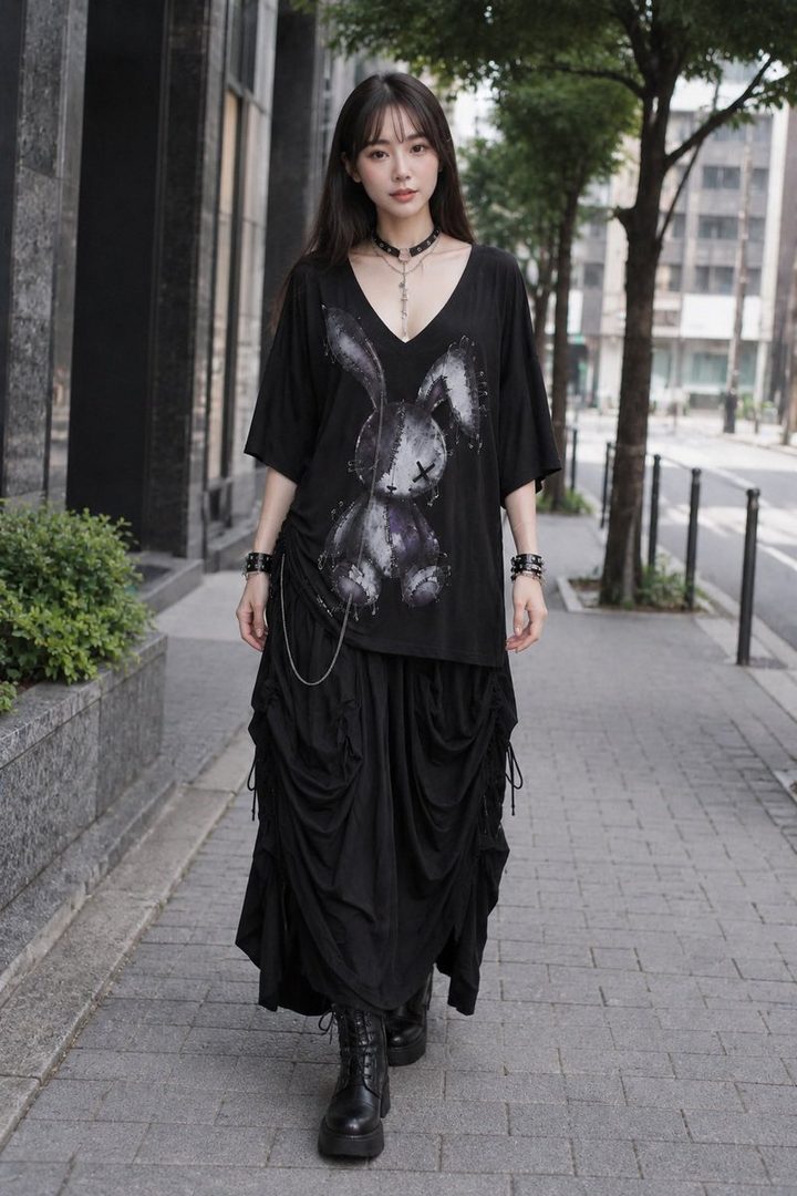 A young woman with long black hair and bangs wears a black t-shirt with a bunny graphic, a long black skirt, and black boots while walking on a city sidewalk.