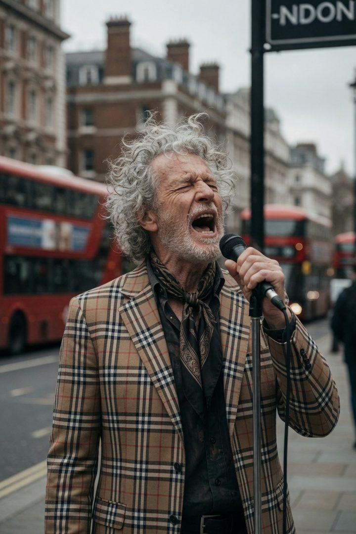 An elderly man with curly grey hair and a plaid blazer sings passionately into a microphone on a city street with red double-decker buses in the background.