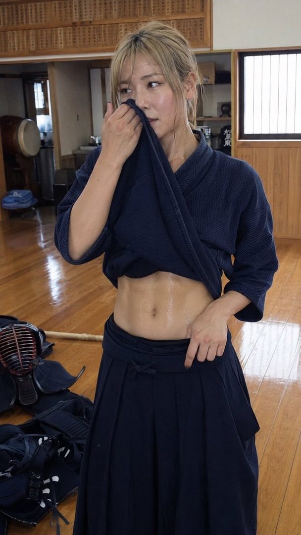 A woman in kendo attire wipes her face with a cloth, revealing her sweaty midriff in an indoor dojo.