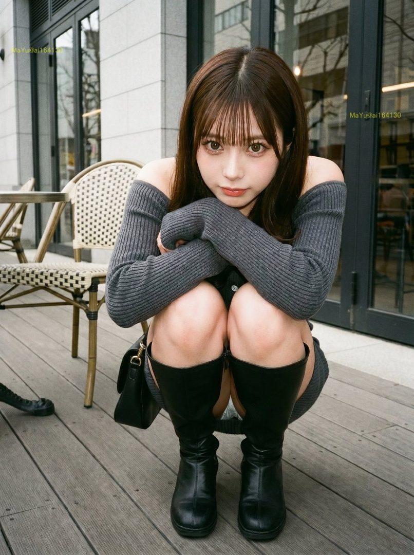 A young woman with brown hair and bangs, wearing a grey off-shoulder sweater and black boots, crouches outdoors on a wooden deck.
