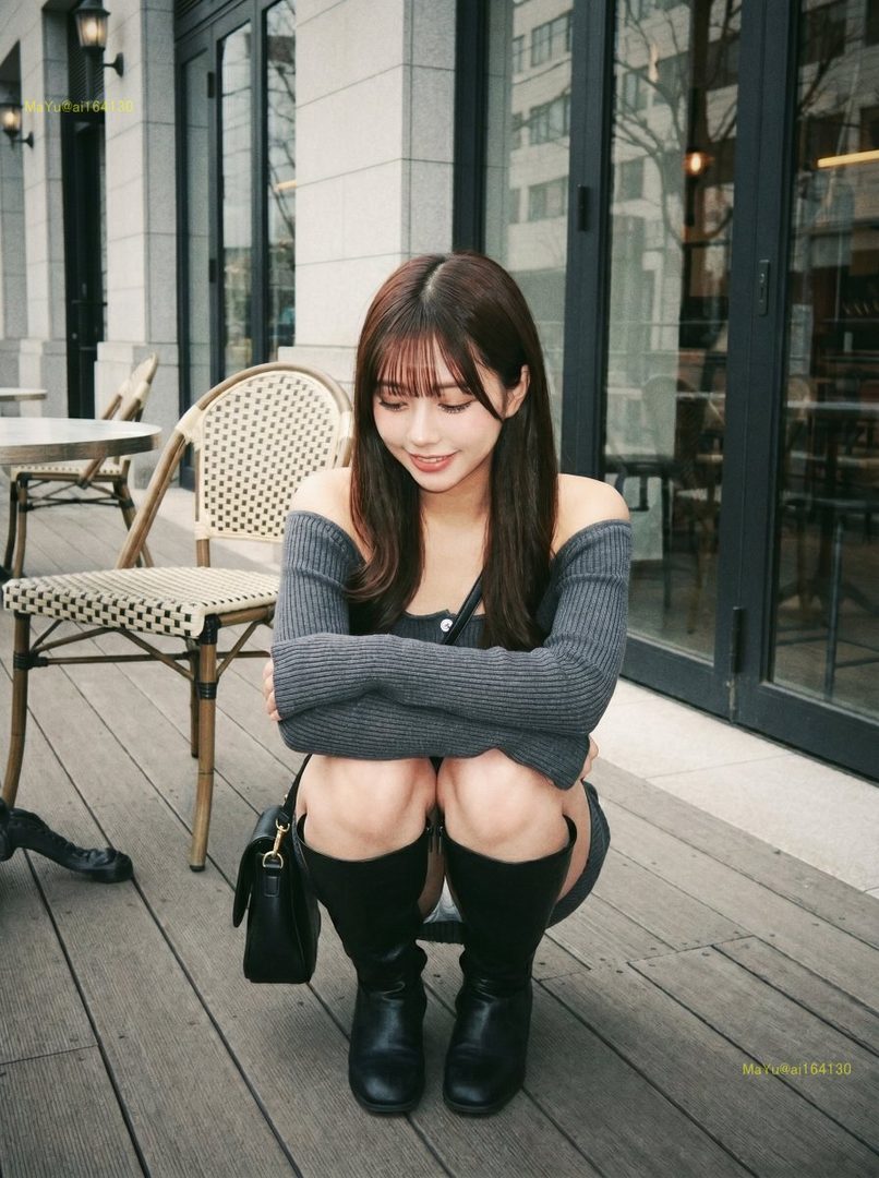 A young woman with long brown hair and bangs, wearing a grey off-shoulder knit top and black boots, crouches outdoors in front of a cafe.