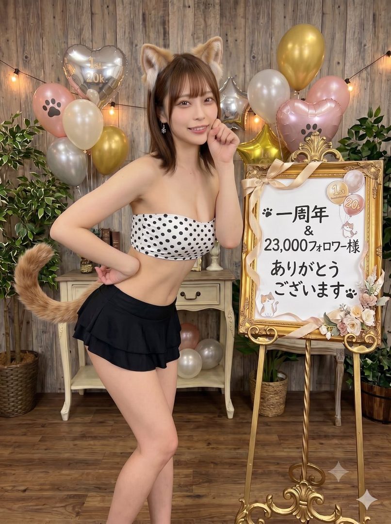 A woman with cat ears and tail poses in a polka dot top and black ruffled shorts in an indoor setting with balloons.