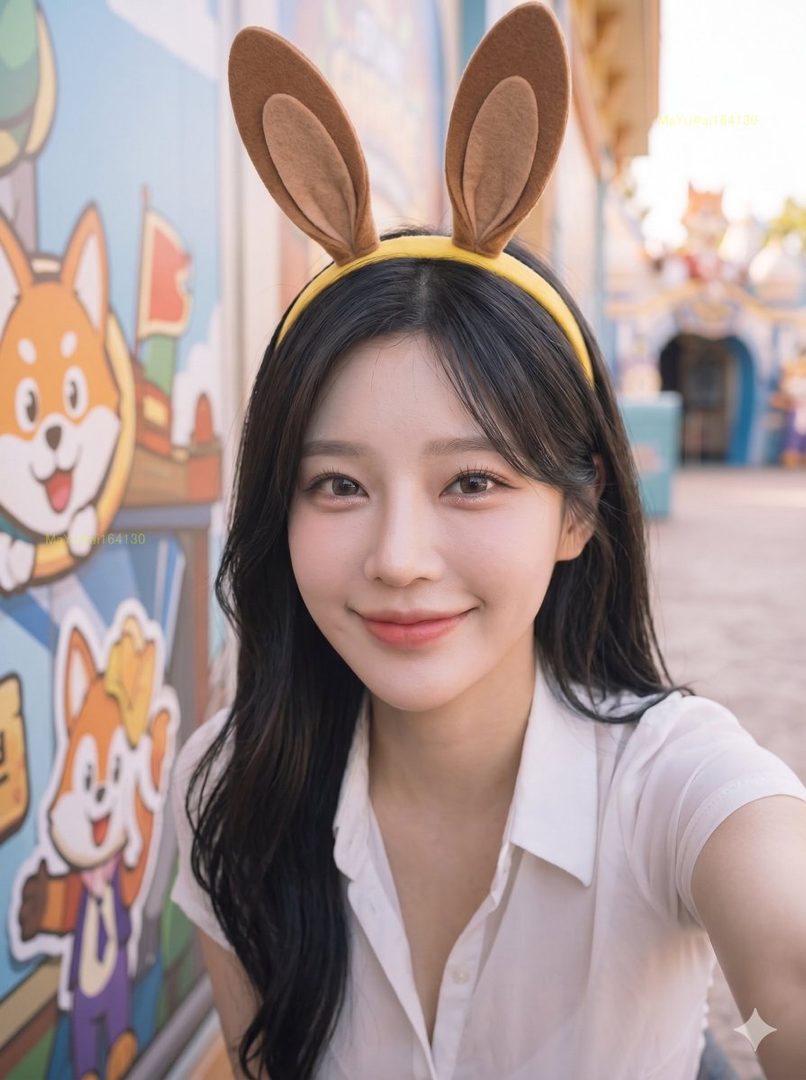 A young woman with long black hair and bunny ears headband smiles at the camera in a selfie, with cartoon characters in the background.