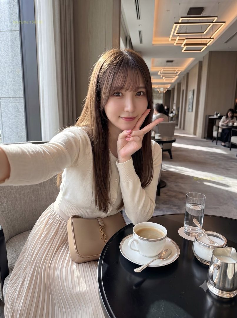A young woman with long brown hair and bangs takes a selfie at a cafe, making a peace sign.