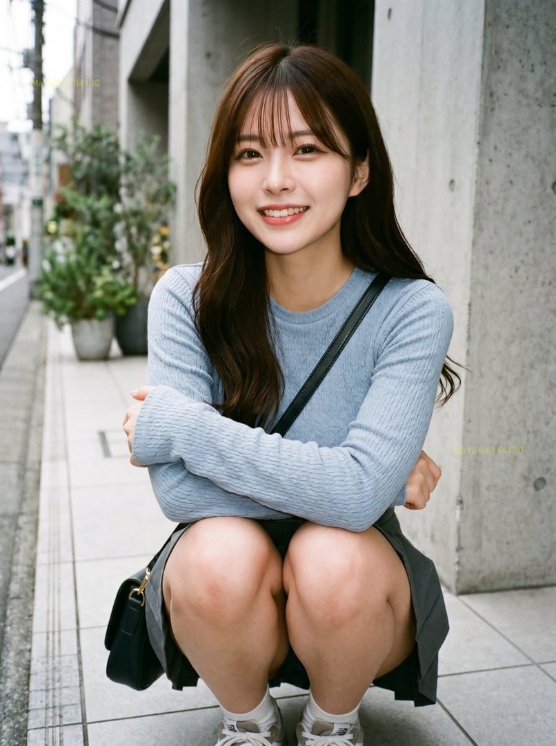 A smiling young woman with long brown hair and bangs crouches on a city street, wearing a light blue sweater and a dark skirt.