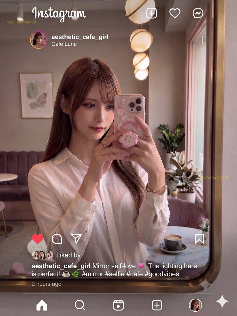 A young woman with long brown hair takes a mirror selfie in a cafe, holding a pink-cased smartphone.