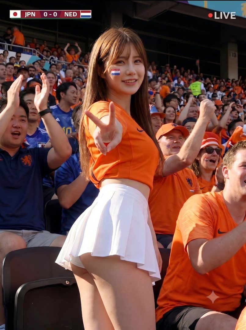 A young woman with long brown hair, wearing an orange crop top and white pleated skirt, poses with a peace sign at a sports stadium.