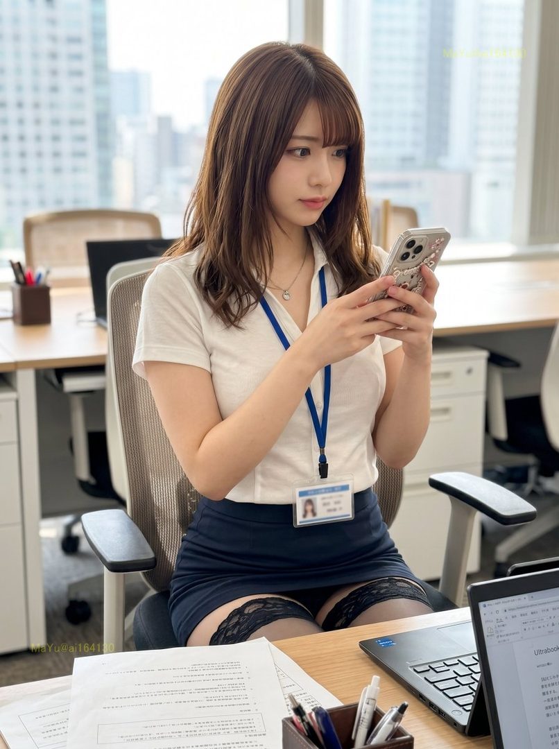 A young woman with brown hair in an office setting is looking at her phone.