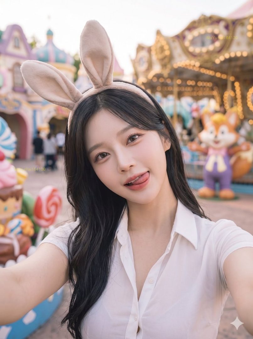 A playful woman with long black hair and bunny ears takes a selfie at an amusement park.