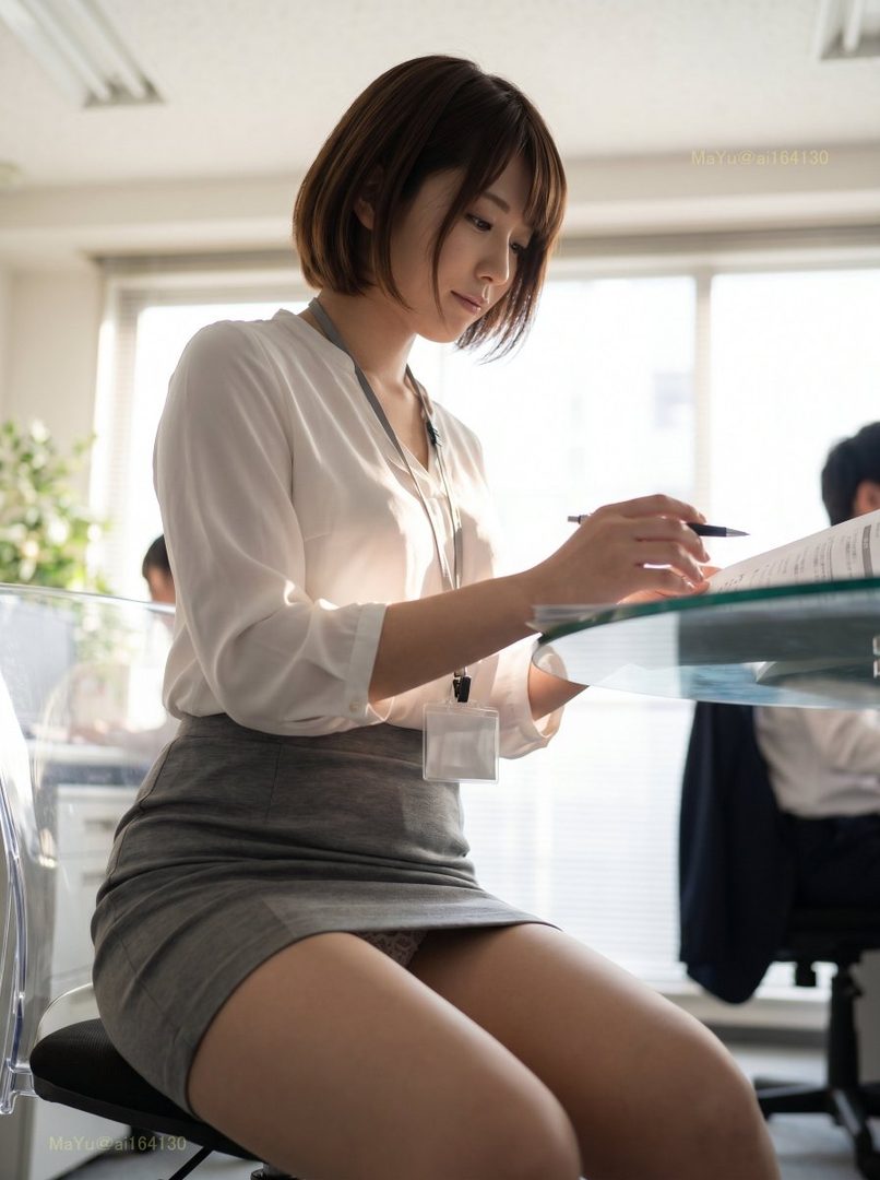 A photorealistic image of a young woman with short brown hair wearing a white blouse and grey skirt, sitting at a desk in an office and writing.