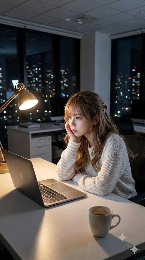 A young woman with blonde hair and bangs, wearing a white sweater, sits at a desk with a laptop and a coffee cup, looking tired in an office at night with city lights visible outside the window.