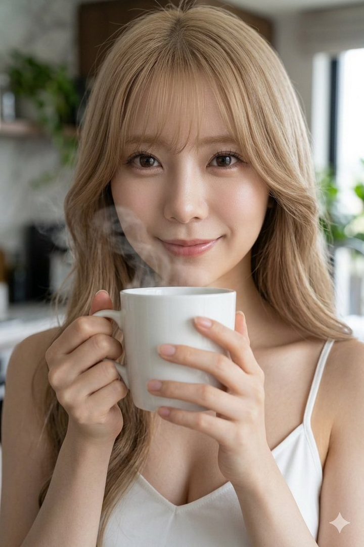 A smiling woman with blonde hair and bangs holds a steaming white mug indoors.