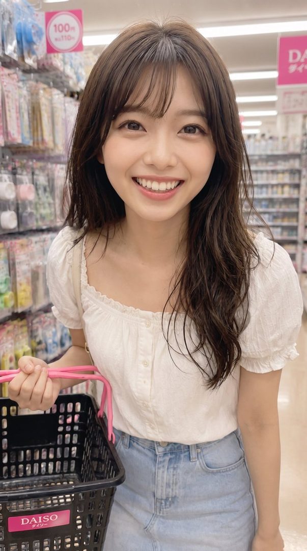 A smiling young woman with long brown hair and bangs, wearing a white blouse and denim skirt, holding a shopping basket in a store aisle.