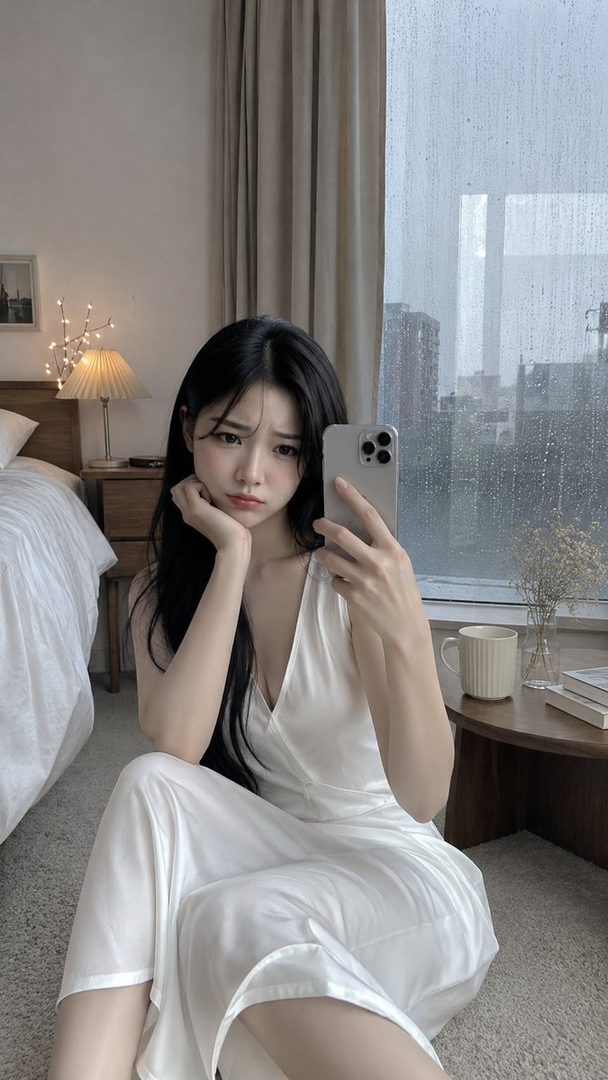 A young woman with long black hair takes a selfie in a white dress while sitting on the floor next to a window on a rainy day.