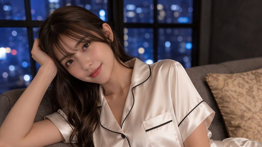 A woman with long brown hair and bangs, wearing a white satin pajama top, rests on a sofa with a city night view in the background.