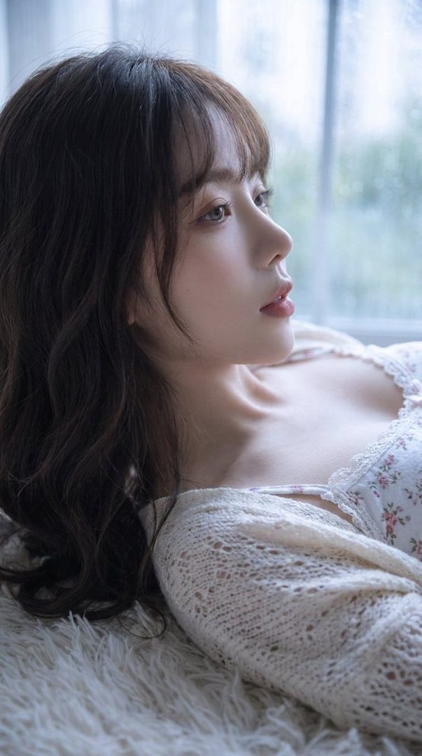 A dreamy portrait of a young woman with long brown hair and bangs, wearing a knit cardigan and floral top, looking out a window on a rainy day.