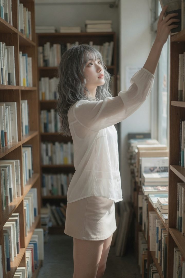 A young woman with silver wavy hair and a white sheer blouse reaches for a book on a high shelf in a sunlit library.