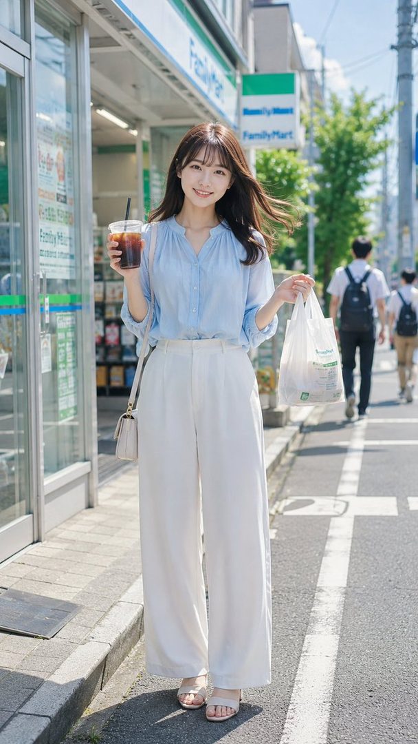 A young woman with long brown hair, wearing a light blue blouse and white wide-leg pants, smiles while holding a drink and a shopping bag on a sunny street in front of a FamilyMart.