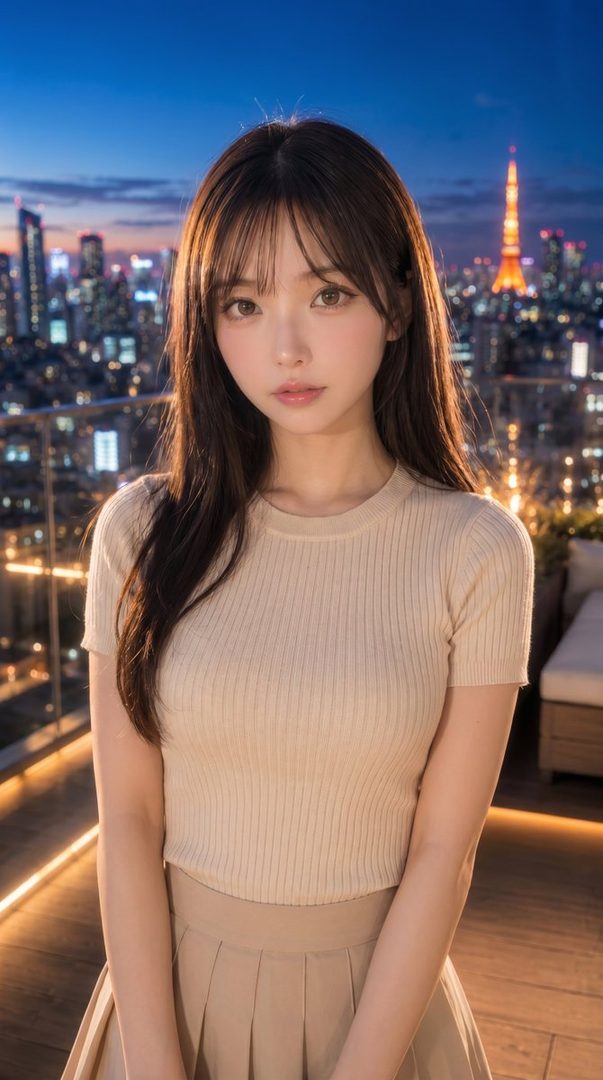 A young woman with long brown hair and bangs, wearing a beige top and skirt, stands on a rooftop overlooking a city skyline at night.