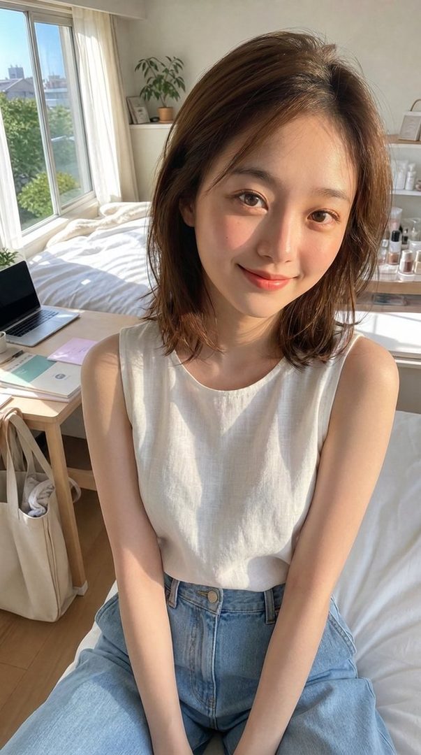 A young woman with short brown hair and a white top smiles softly while sitting in a sunlit room.