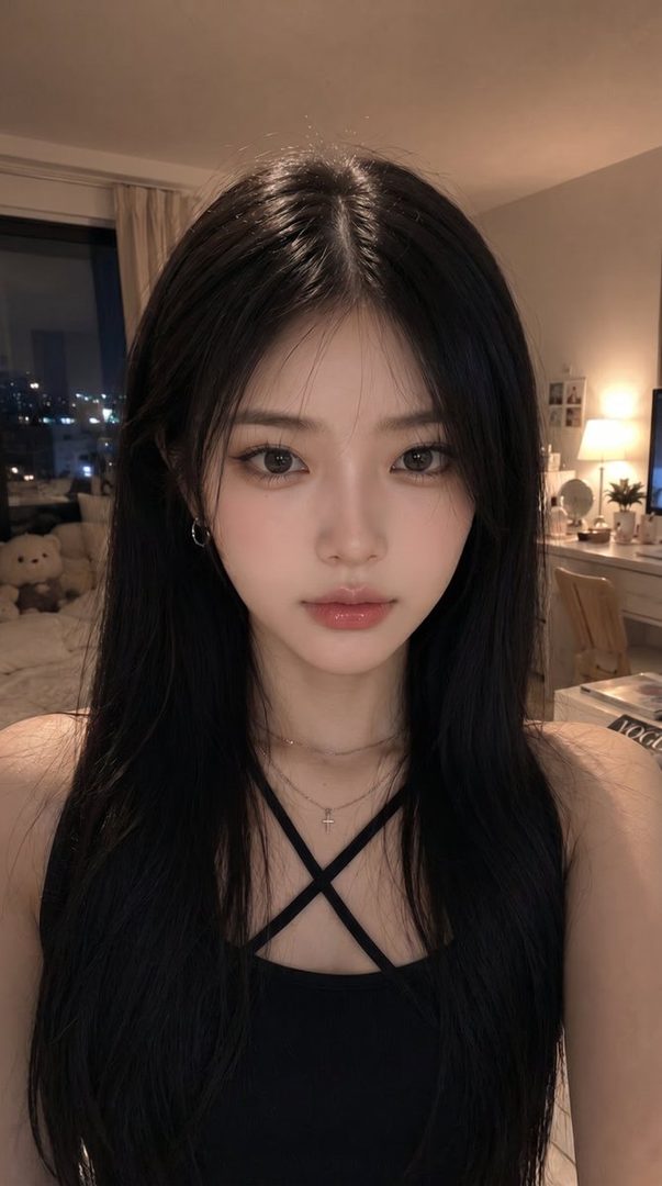 A photorealistic portrait of a young woman with long black hair and a black top, taken indoors at night.