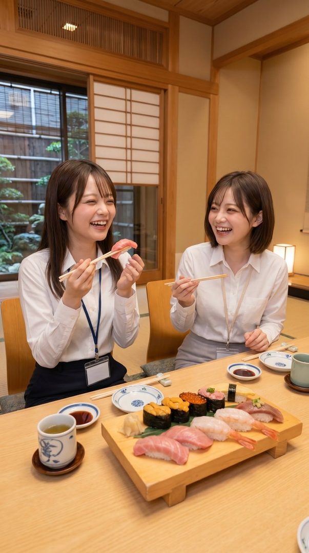 Two young women in white shirts are happily eating sushi at a traditional Japanese restaurant.