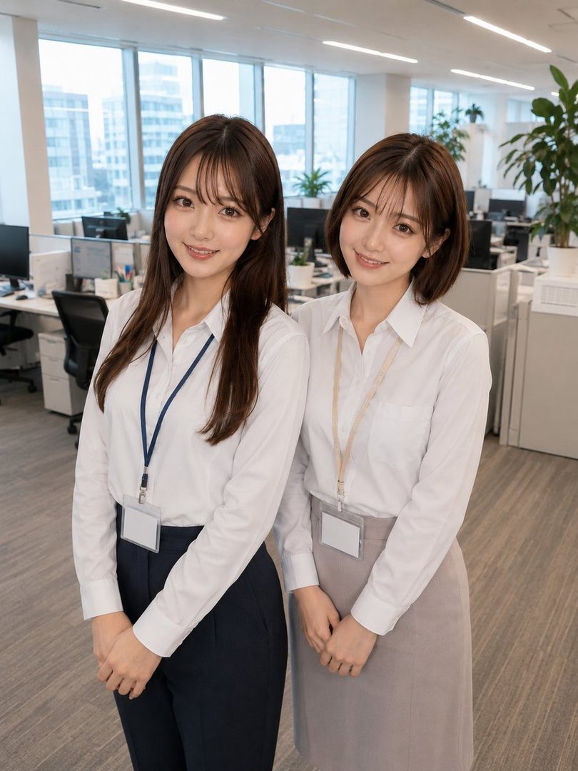 Two young women in white blouses and office attire smile in a modern office setting.