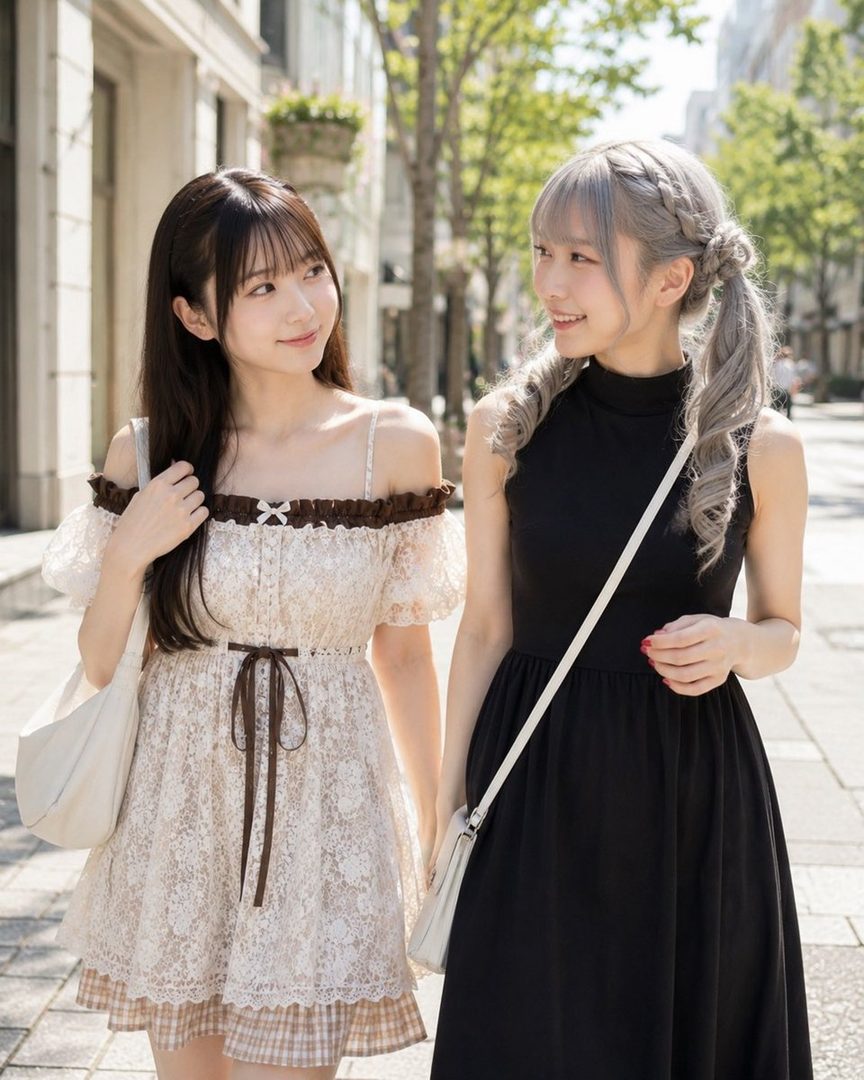 Two young women, one with dark brown hair and a lace off-shoulder dress, and the other with silver braided pigtails and a black sleeveless dress, walk together on a city street.
