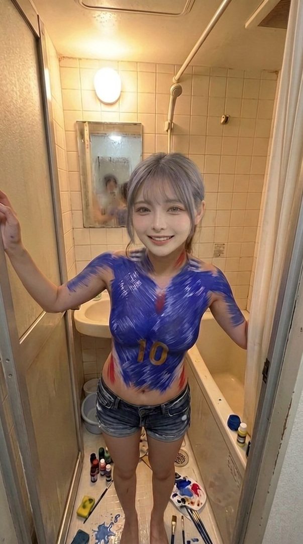 A young woman with silver hair and bangs smiles while standing in a bathroom, wearing denim shorts and body paint on her torso.