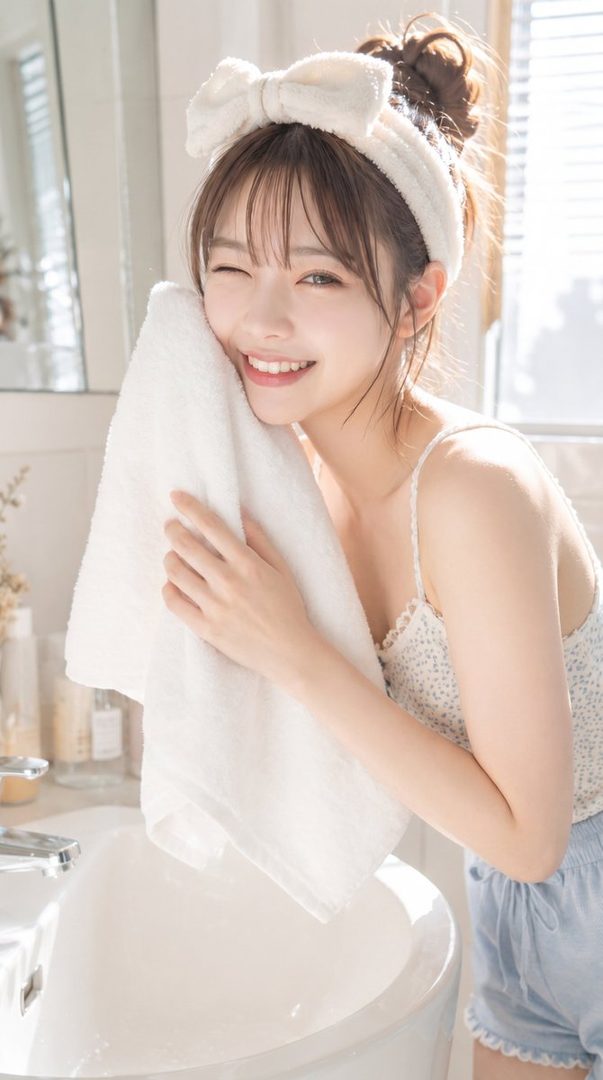A cute woman with a bow headband winks while drying her face with a white towel in a bright bathroom.