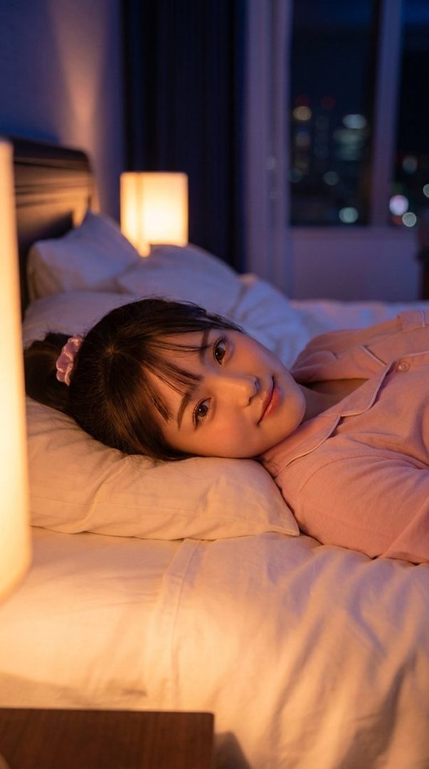 A young woman with black hair and bangs lies on a bed in a dimly lit room, wearing pink pajamas.