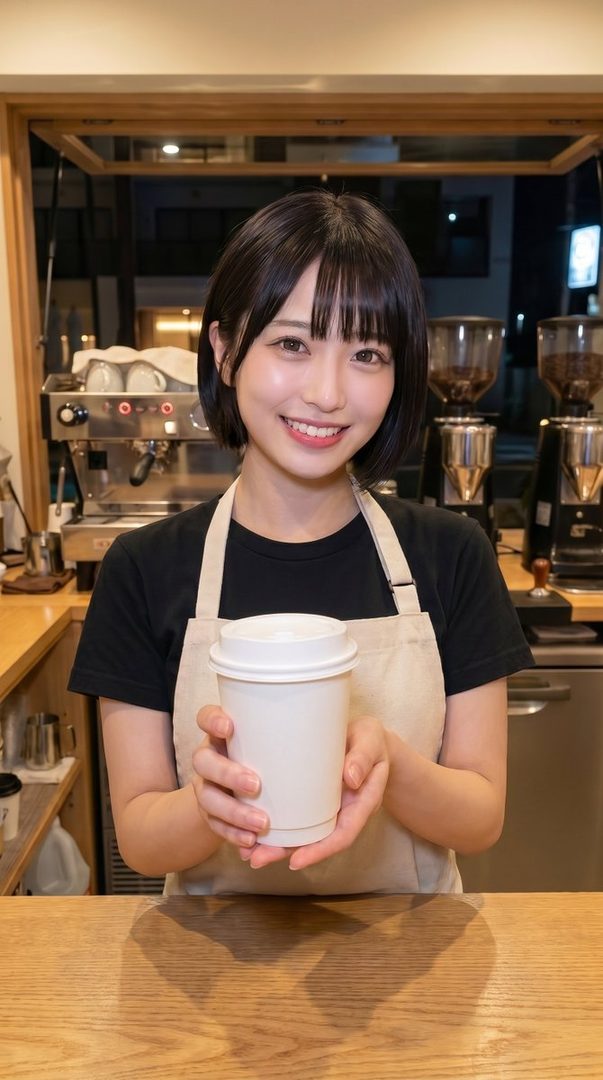 A smiling woman with short black hair and bangs, wearing an apron, holds out a white coffee cup in a cafe setting.