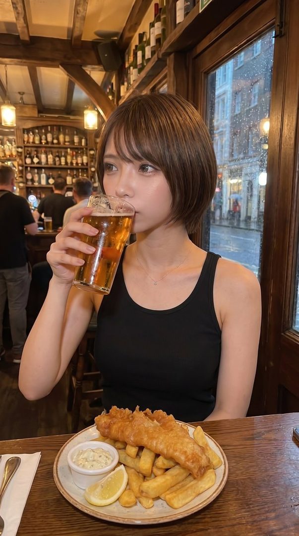 A young woman with short brown hair sips a drink while sitting at a table with fish and chips in a cozy pub.