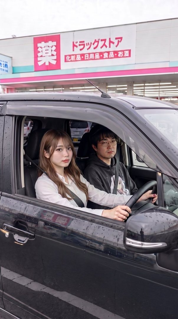 A couple is sitting in a car in a parking lot in front of a Japanese drug store.