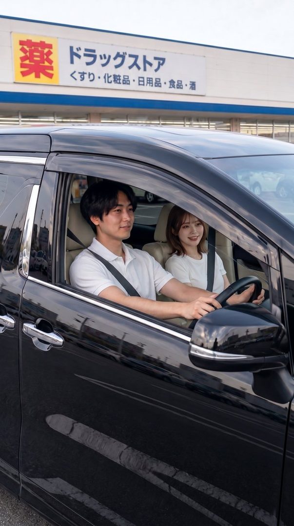 A man and a woman are sitting in a black car in front of a Japanese drugstore.
